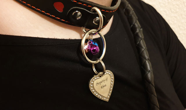Collar on the neck of Rhea's pet with engraved heart saying Property of Rhea.