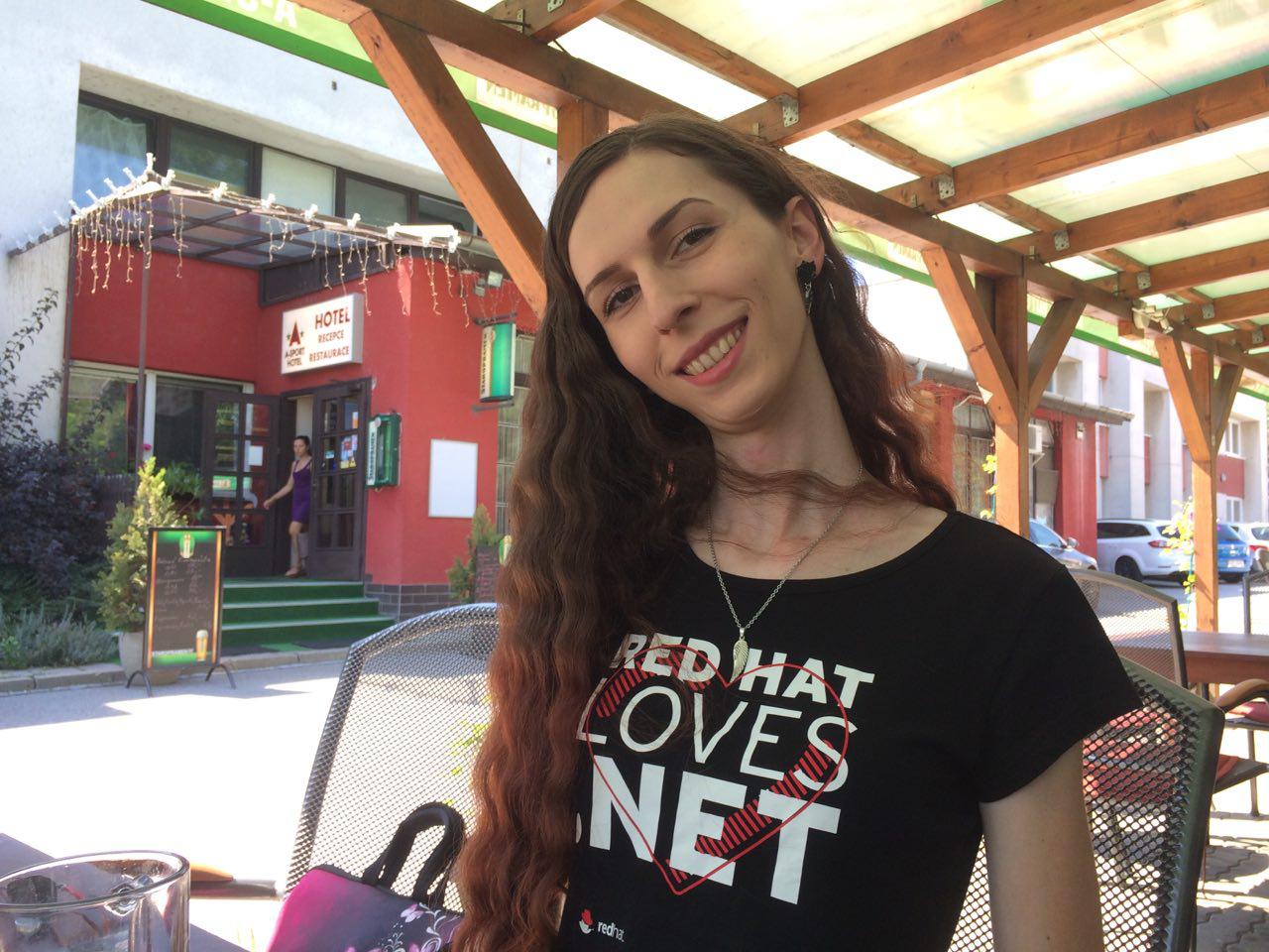 Radka in her new Red Hat loves .NET T-Shirt.